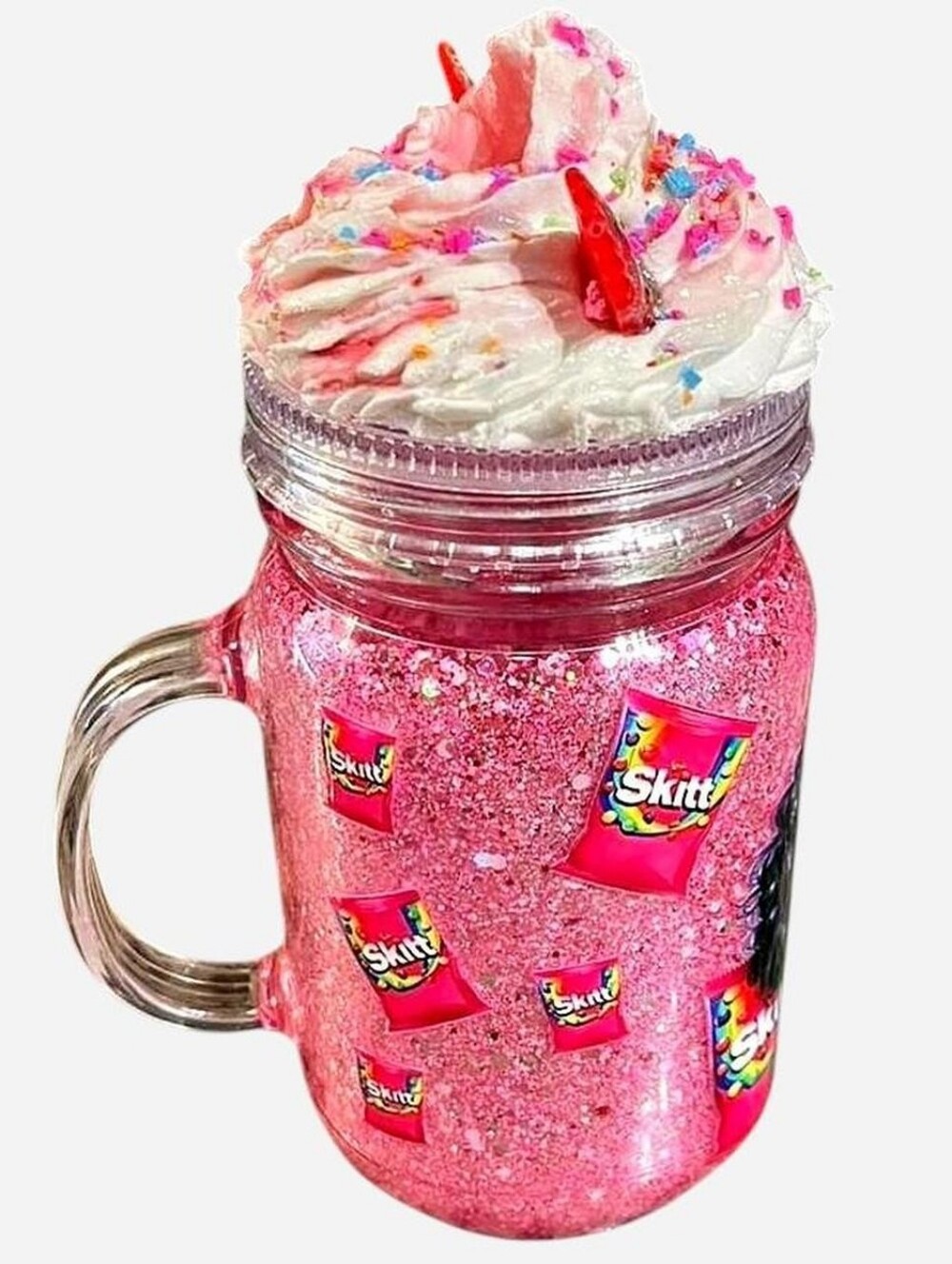 Handcrafted Skittles Milkshake 20oz Glitter Mason Jar Mug Tumbler Candy Pink - Picture 4 of 5